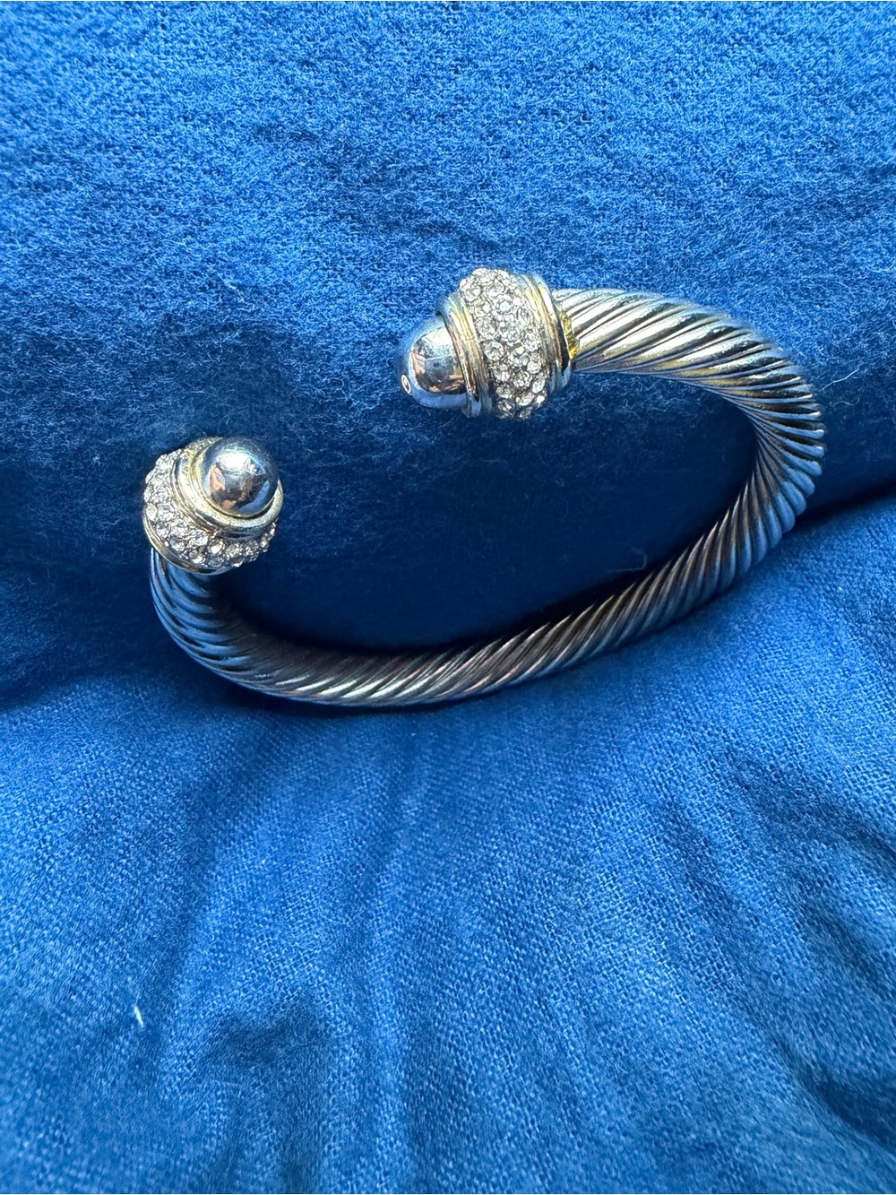 Twisted Cable Open Cuff Bracelet with Pave Crystal Endcaps - Silver